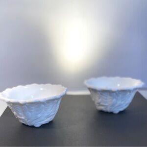 2 Vintage Milk Glass Footed Small White Bowl With Swirled Leaf Design on Sides